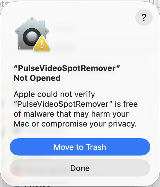 macOS warning that Apple could not verify PulseVideoSpotRemover